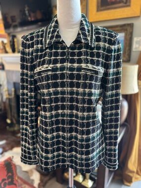 EUC ST JOHN COLLECTION Knit Green Black Leather Trim JACKET. Size 10.